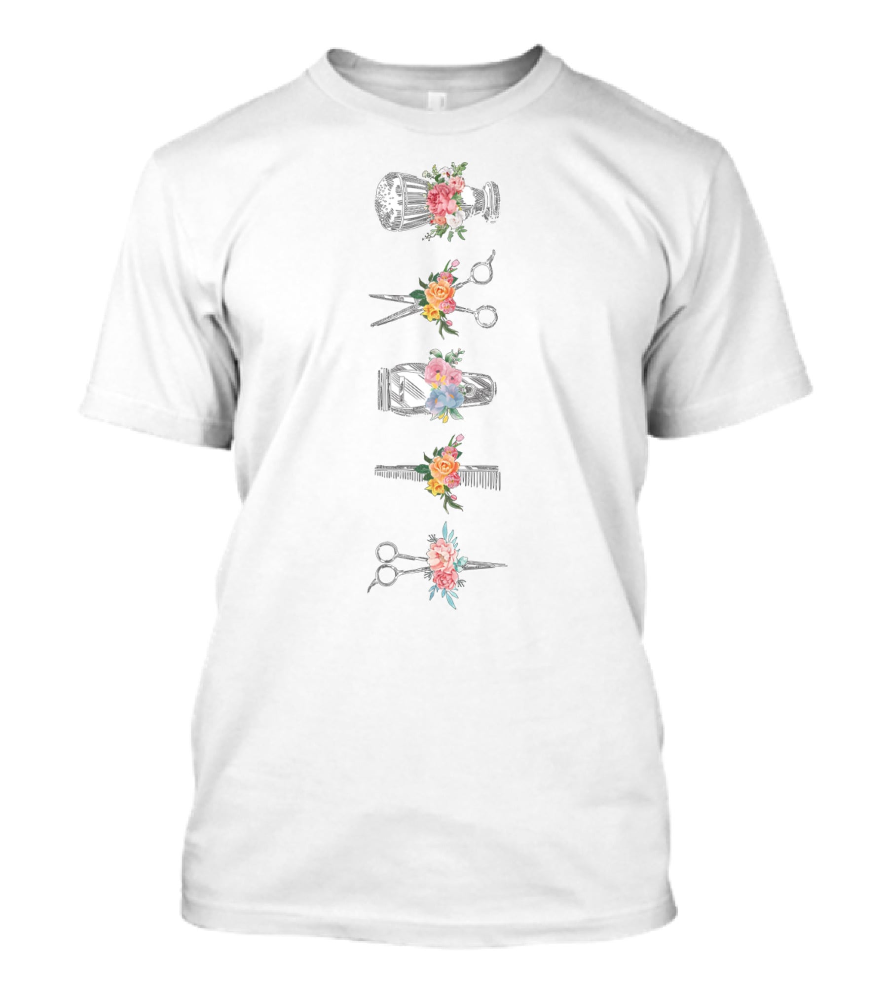 Hairstylist Floral Barber Tools Scissors Comb Vintage Roses Peonies Blossoms Hairdressing Accessories T-Shirt