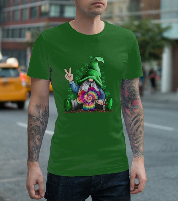 Hippie Gnome Irish With Tie-Dye Shamrock And Peace Sign T-Shirt