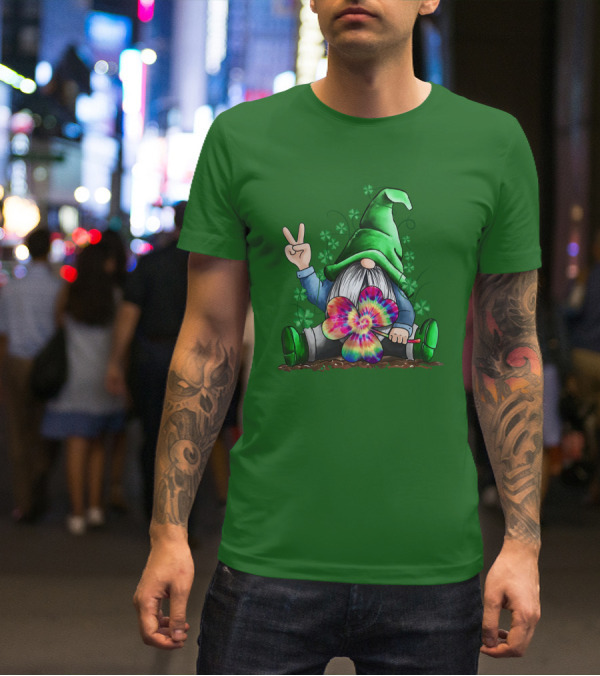 Hippie Gnome Irish With Tie-Dye Shamrock And Peace Sign T-Shirt