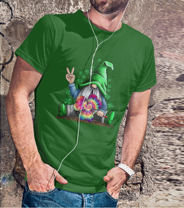 Hippie Gnome Irish With Tie-Dye Shamrock And Peace Sign T-Shirt