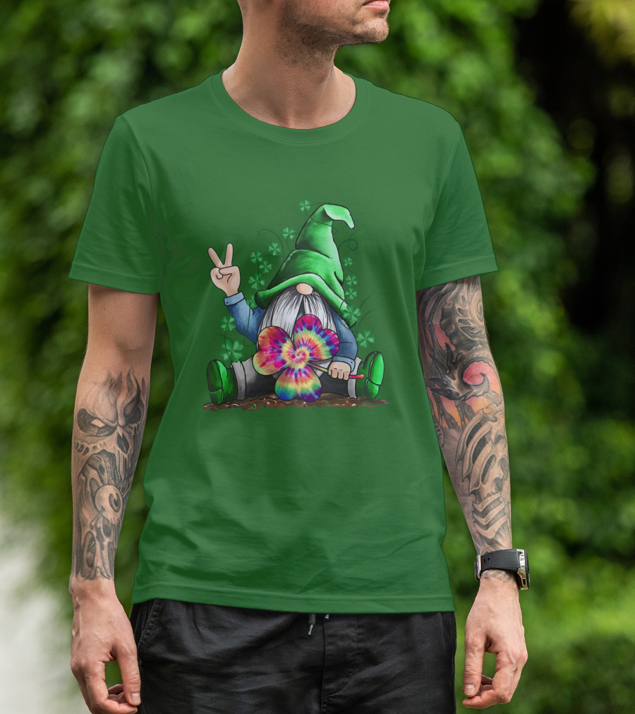 Hippie Gnome Irish With Tie-Dye Shamrock And Peace Sign T-Shirt