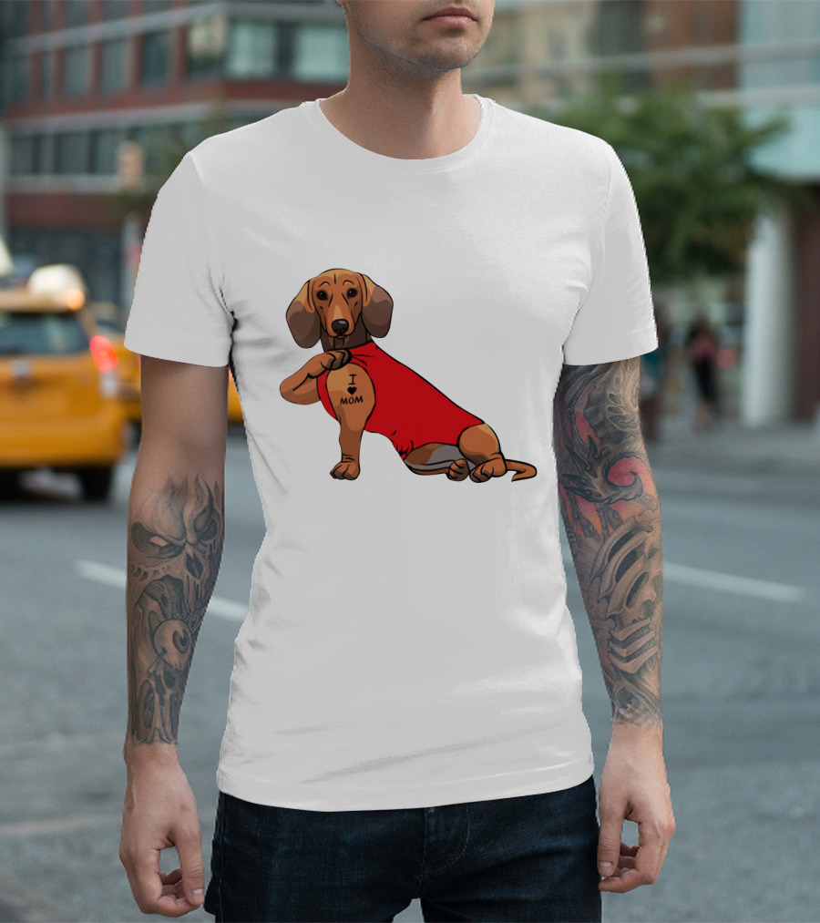 I Love Mom Dachshund Tattoo Puppy in Red T-Shirt