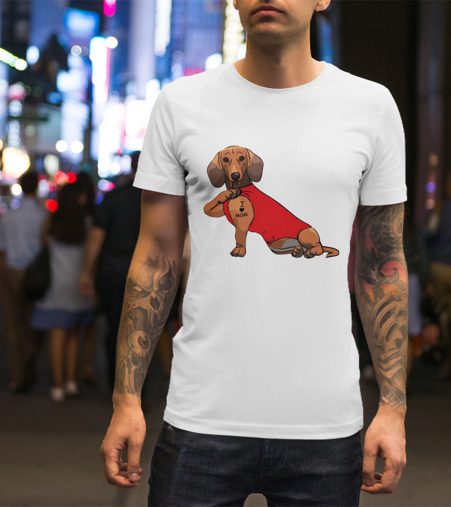 I Love Mom Dachshund Tattoo Puppy In Red T-Shirt