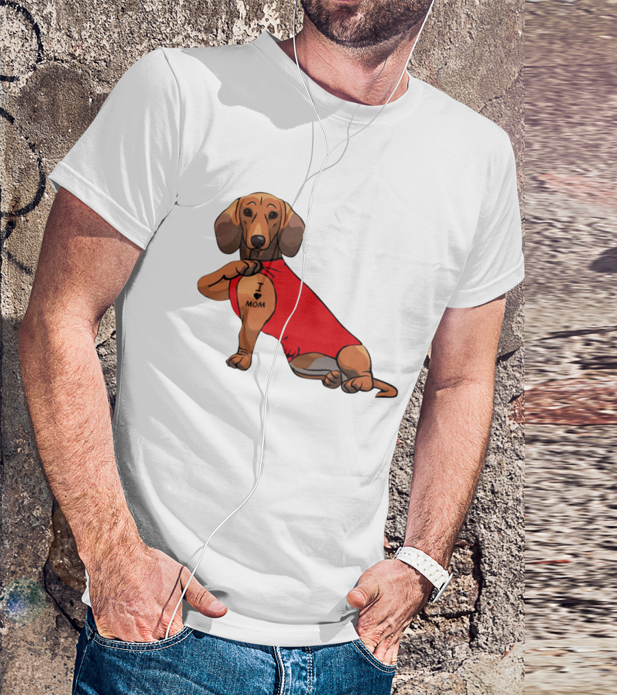 I Love Mom Dachshund Tattoo Puppy In Red T-Shirt