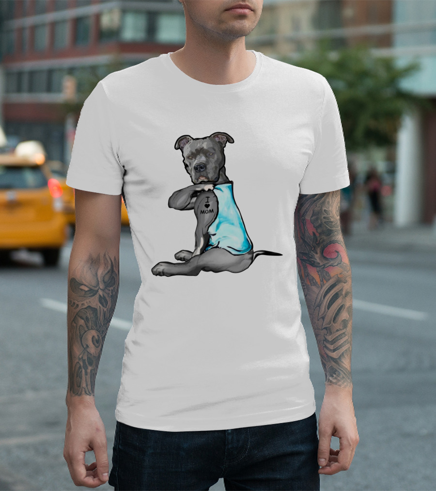 Pitbull I Love Mom Tattoo Blue T-Shirt
