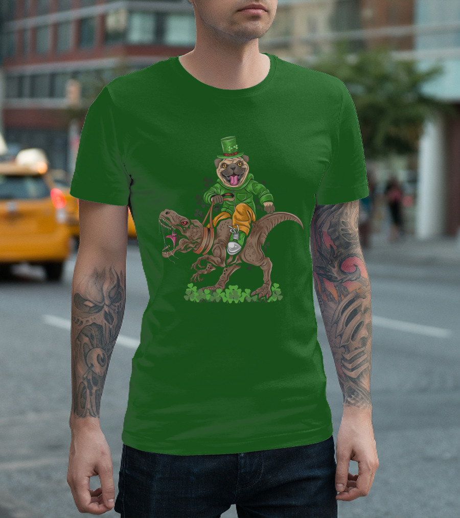 St Patricks Day Pug Puppy Riding Dinosaur Rex with Shamrocks and Leprechaun Hat T-Shirt