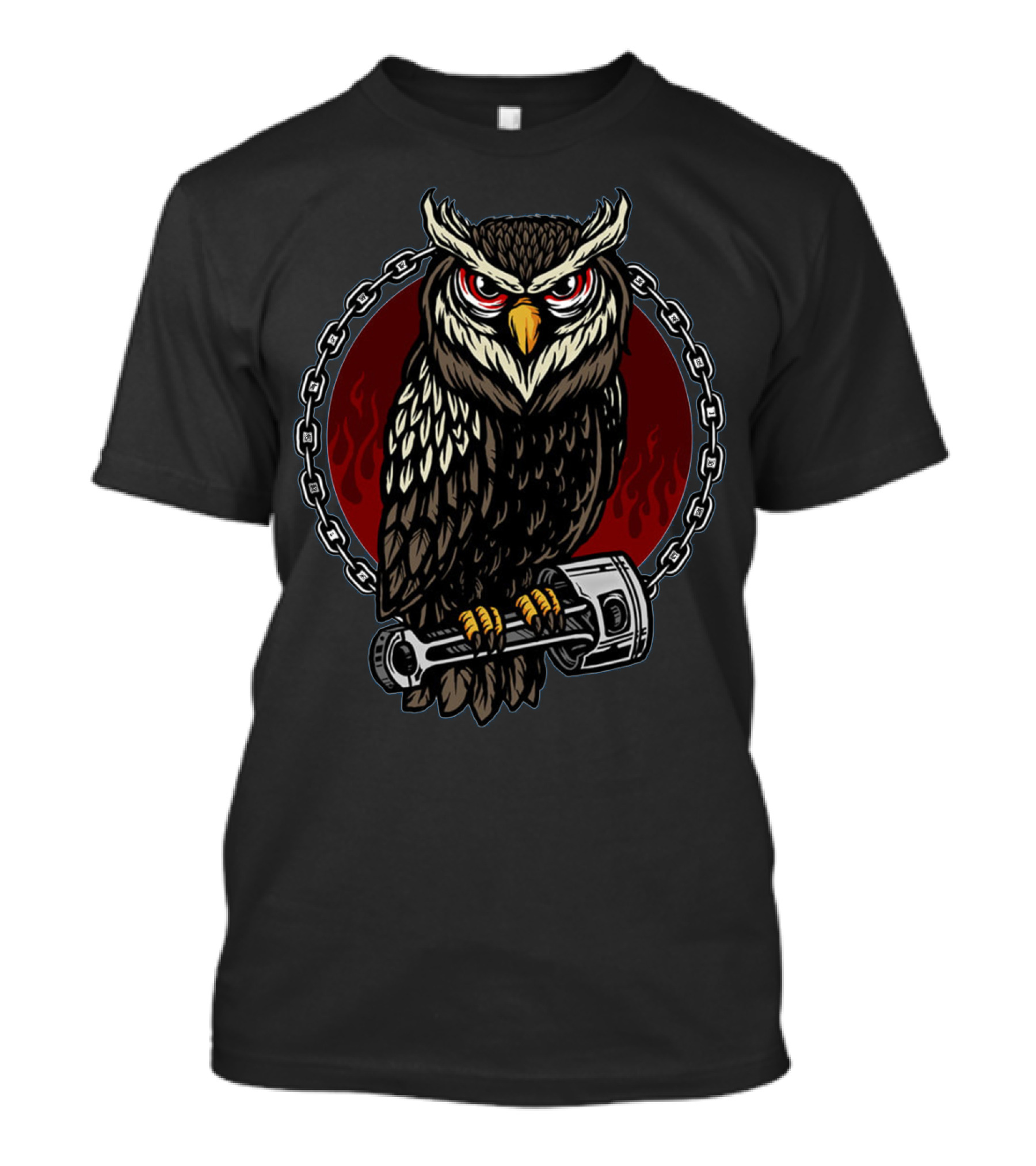Owl And Piston Motorbike Enthusiast Chain Flame Background T-Shirt
