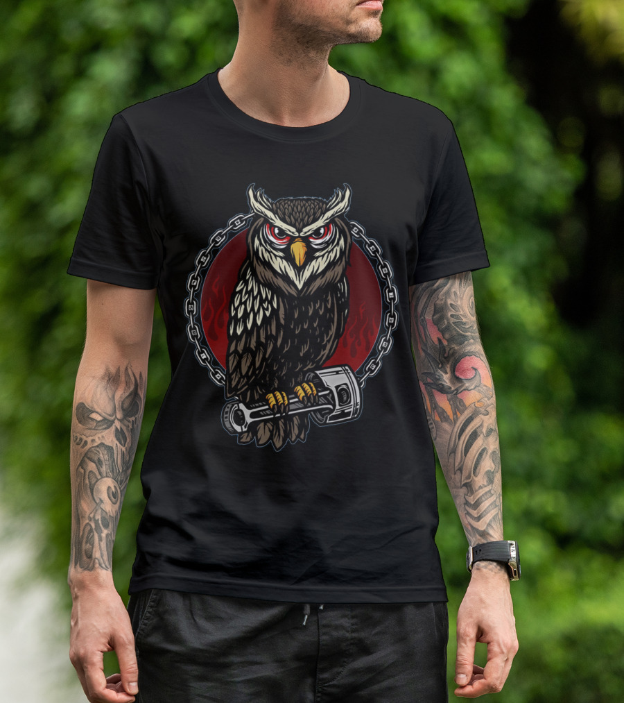 Owl And Piston Motorbike Enthusiast Chain Flame Background T-Shirt