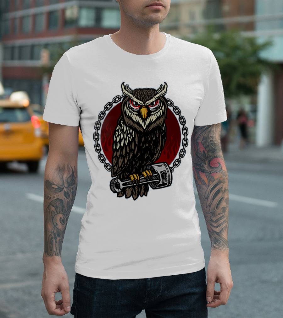 Owl and Piston Motorbike Enthusiast Chain Flame Background T-Shirt