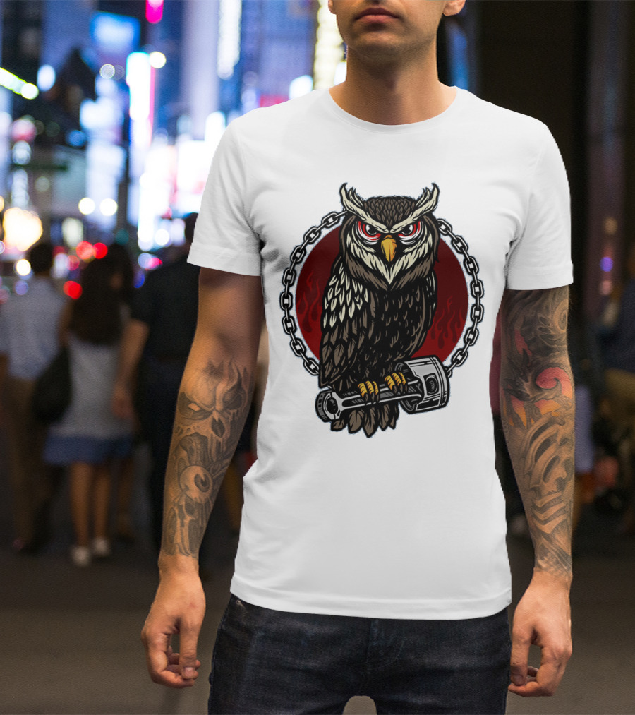 Owl And Piston Motorbike Enthusiast Chain Flame Background T-Shirt