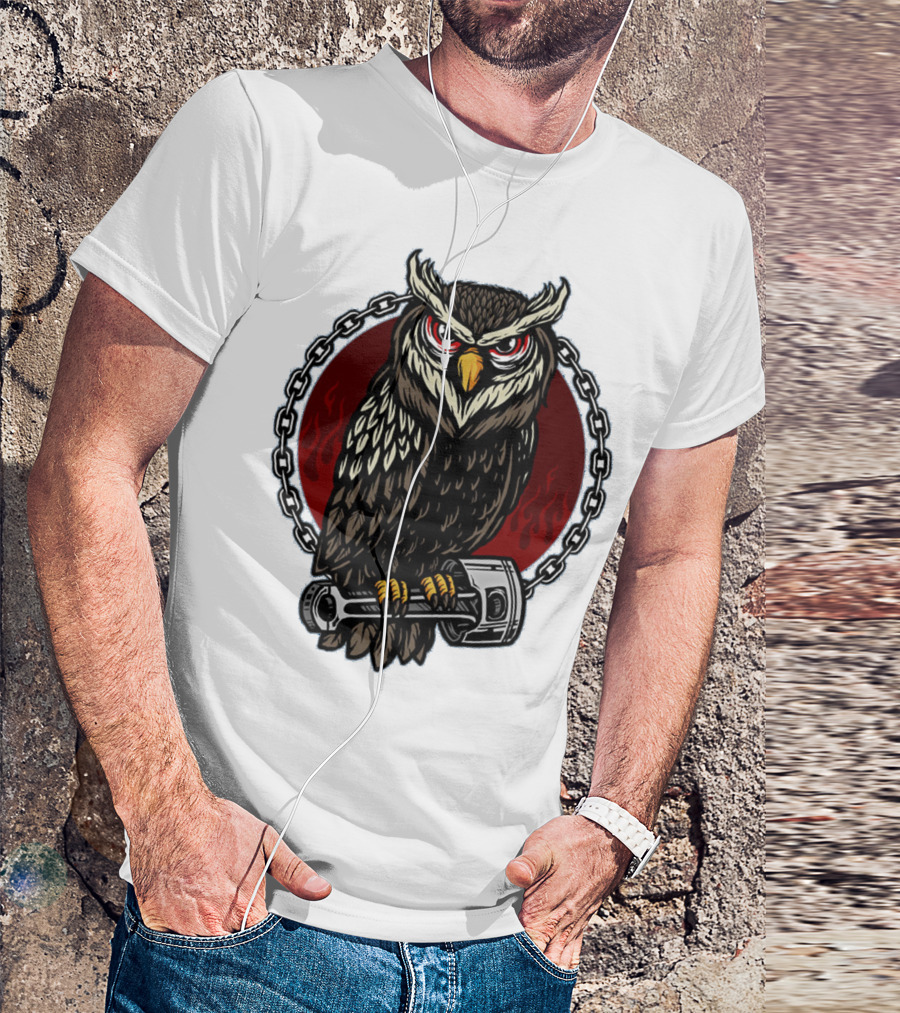 Owl And Piston Motorbike Enthusiast Chain Flame Background T-Shirt