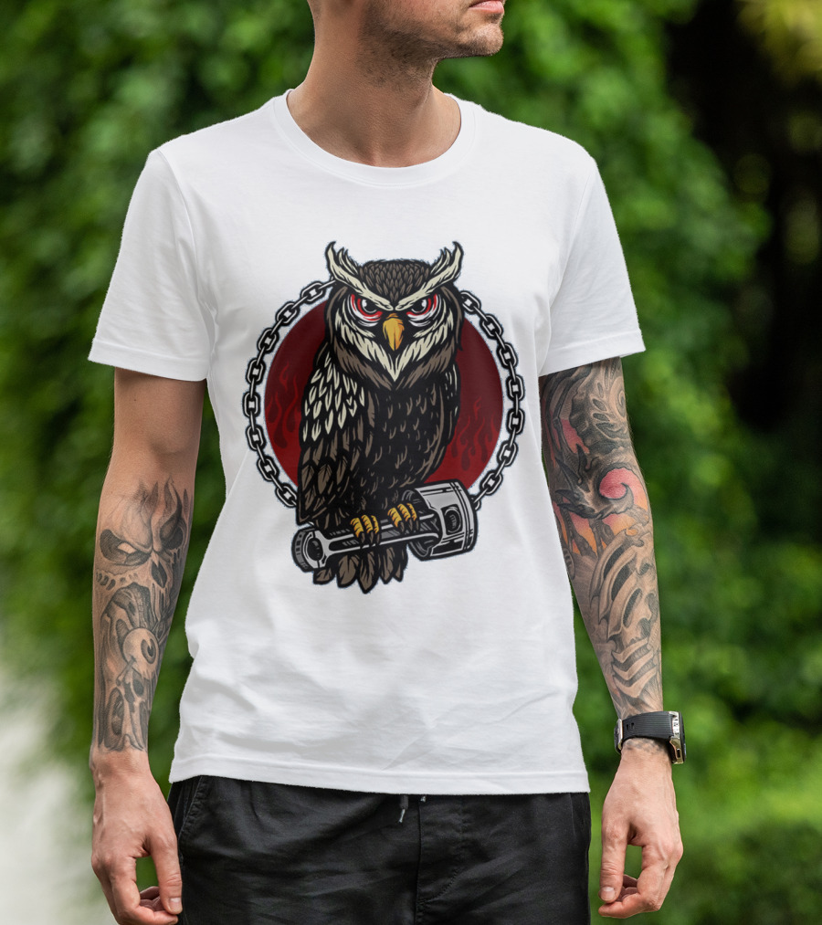 Owl And Piston Motorbike Enthusiast Chain Flame Background T-Shirt