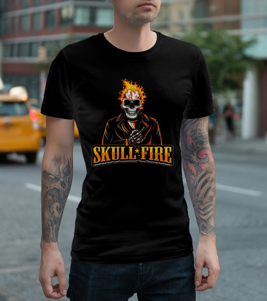 Skull Fire Flaming Skeleton in Dark Suit T-Shirt