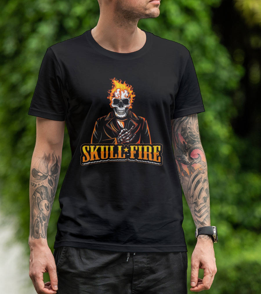 Skull Fire Flaming Skeleton In Dark Suit T-Shirt