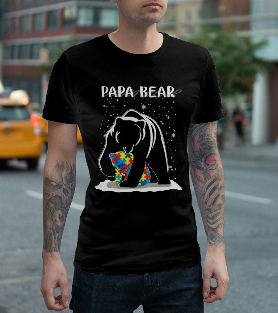 PAPA BEAR Autism Puzzle Piece Bear Hug T-Shirt