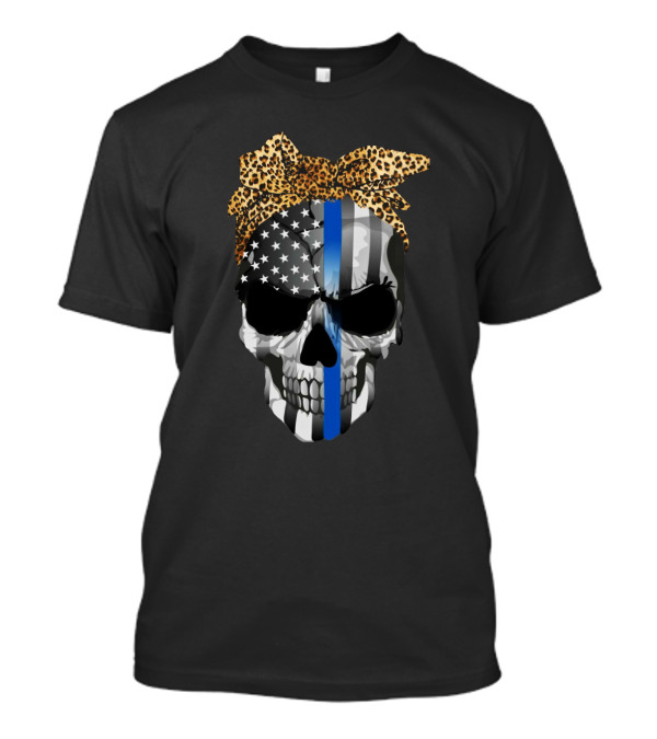 Thin Blue Line American Flag Skull With Leopard Bow T-Shirt