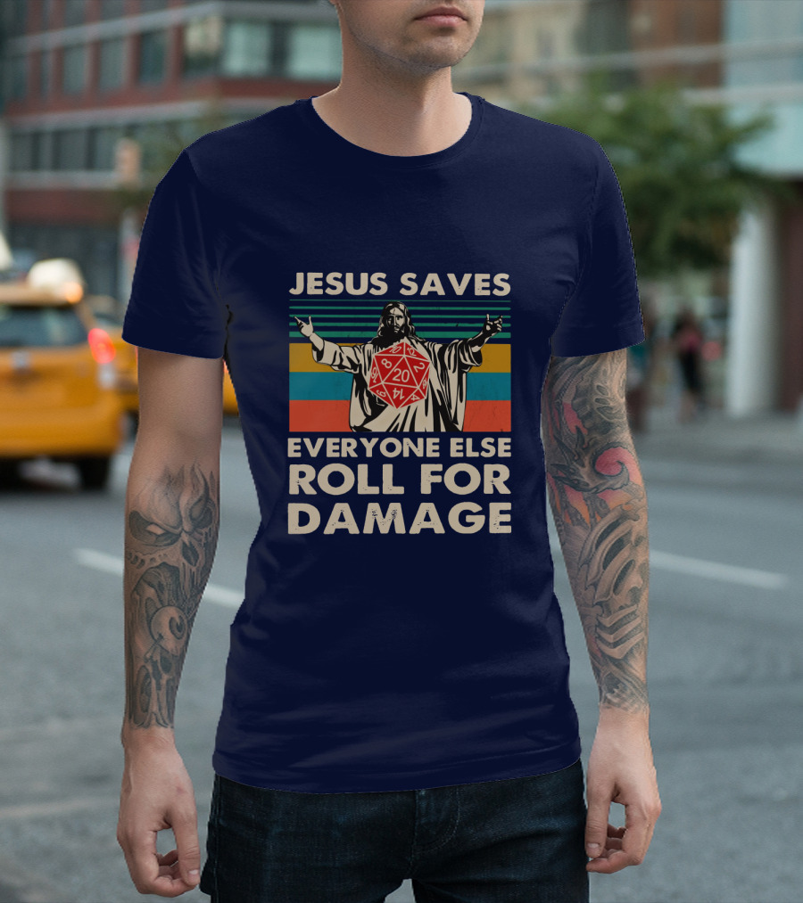 Jesus Saves D20 Everyone Else Roll For Damage Retro Stripes T-Shirt