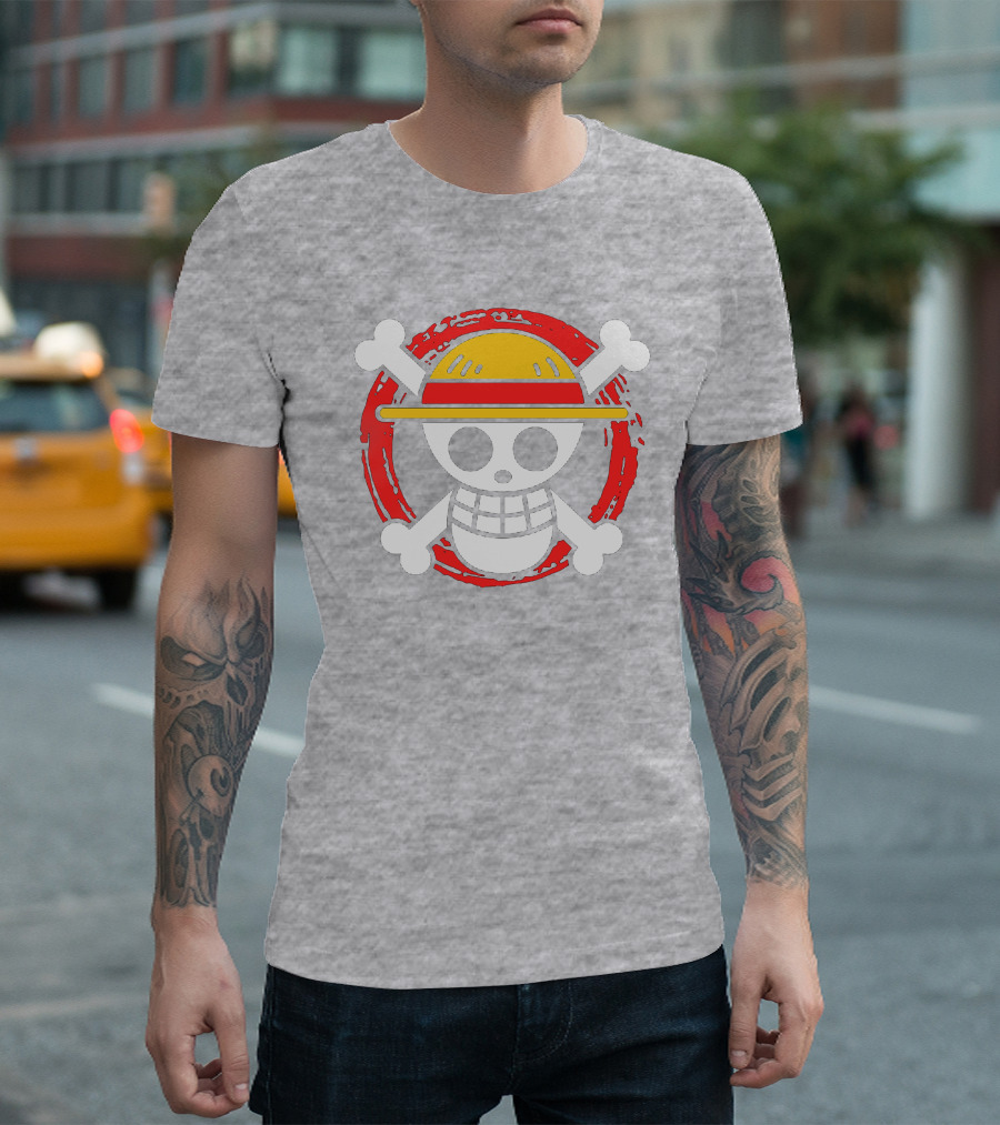 Straw Hat Luffy Jolly Roger Icon on Red Circular Emblem T-Shirt
