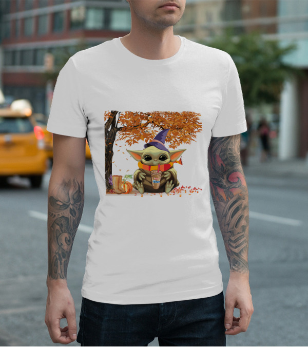 Baby Yoda Autumn Magic Coffee Hug Halloween Wizard Hat Scarf Pumpkin Leaves T-Shirt