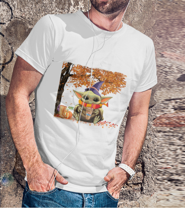 Baby Yoda Autumn Magic Coffee Hug Halloween Wizard Hat Scarf Pumpkin Leaves T-Shirt