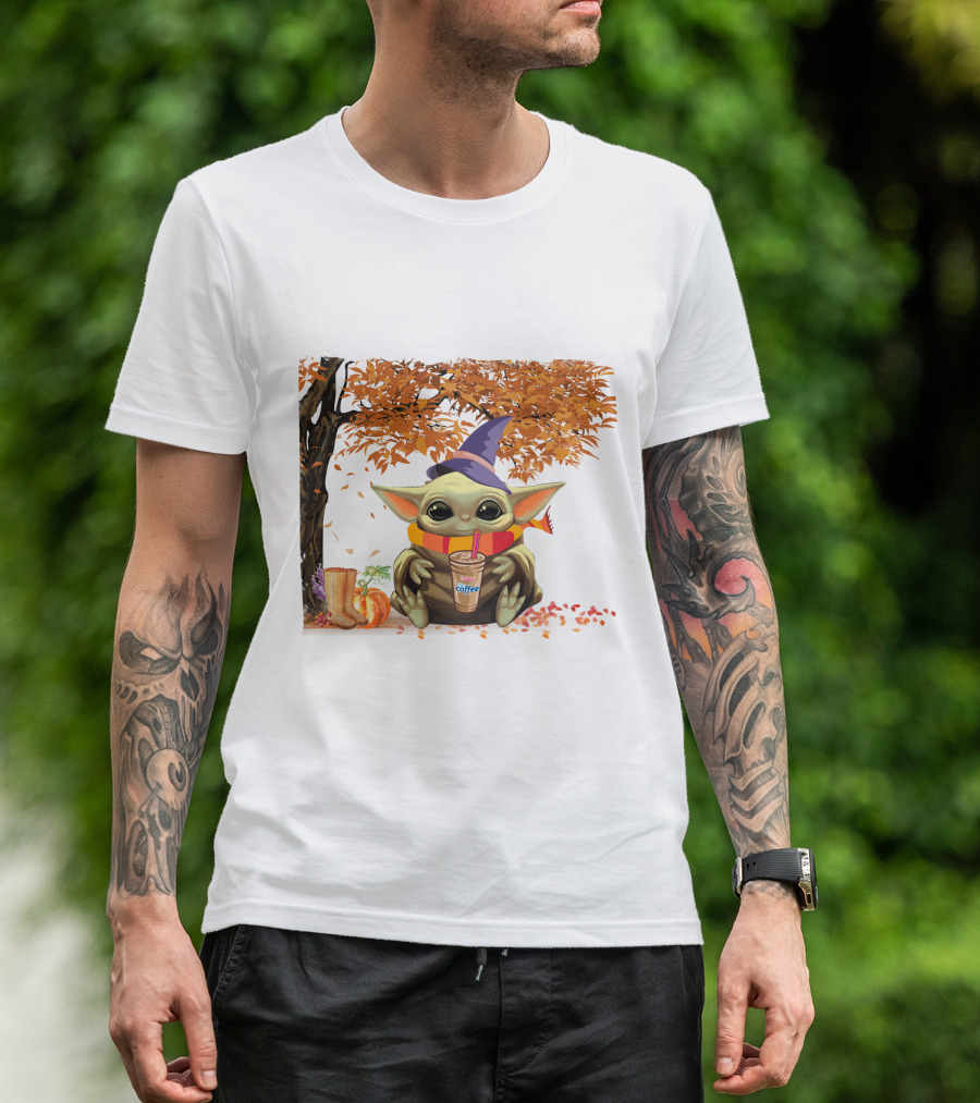 Baby Yoda Autumn Magic Coffee Hug Halloween Wizard Hat Scarf Pumpkin Leaves T-Shirt