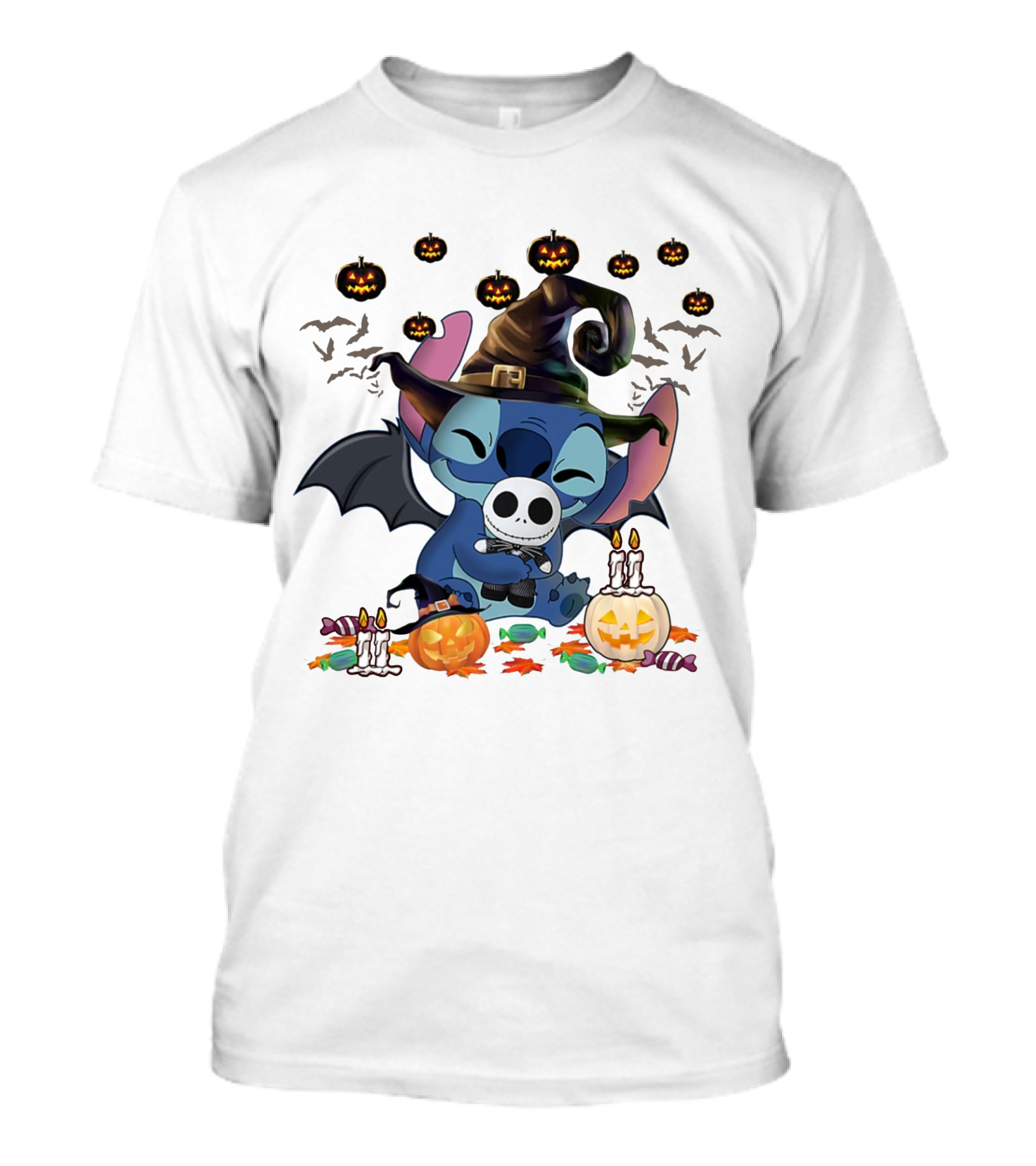Happy Halloween Stitch Hugs Witch Baby Jack Skellington Pumpkins Candles Bats T-Shirt