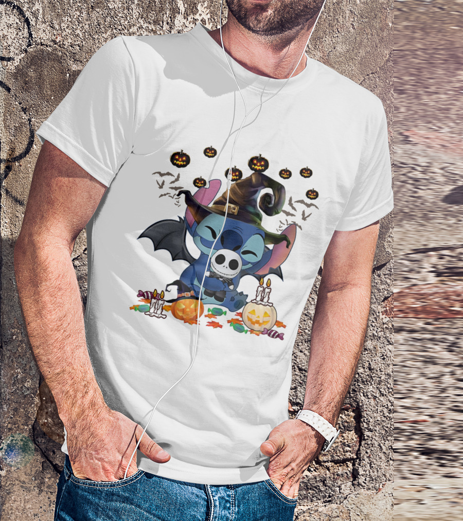 Happy Halloween Stitch Hugs Witch Baby Jack Skellington Pumpkins Candles Bats T-Shirt