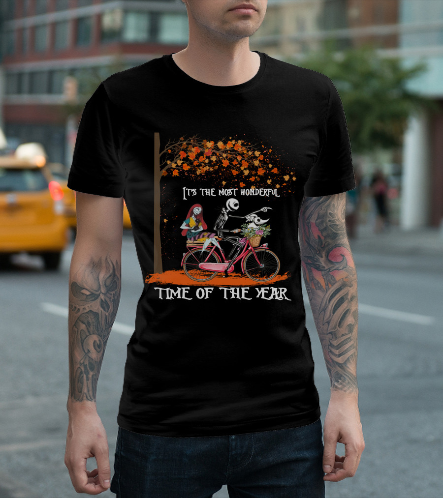 Jack And Sally It's The Most Wonderful Time Of The Year Bicycle Ride Under Autumn Tree T-Shirt