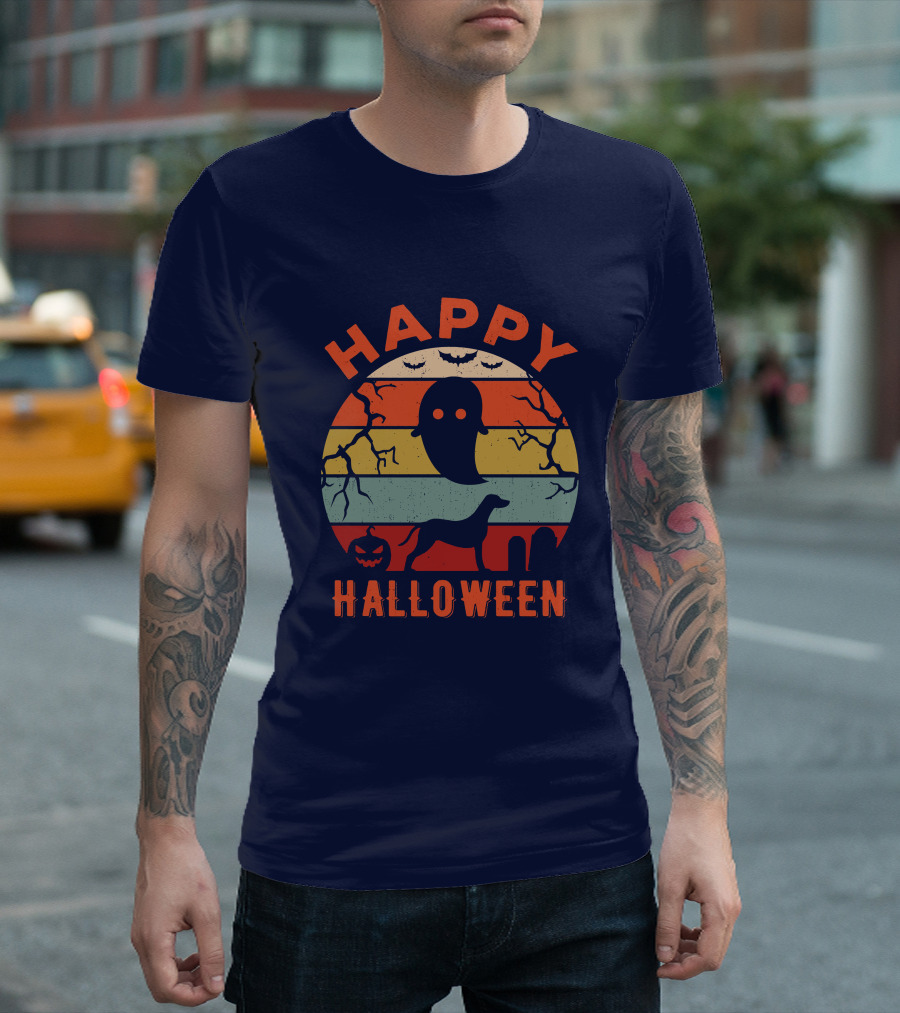 Happy Halloween Dalmatian Dog Ghost Pumpkin Retro Stripes T-Shirt