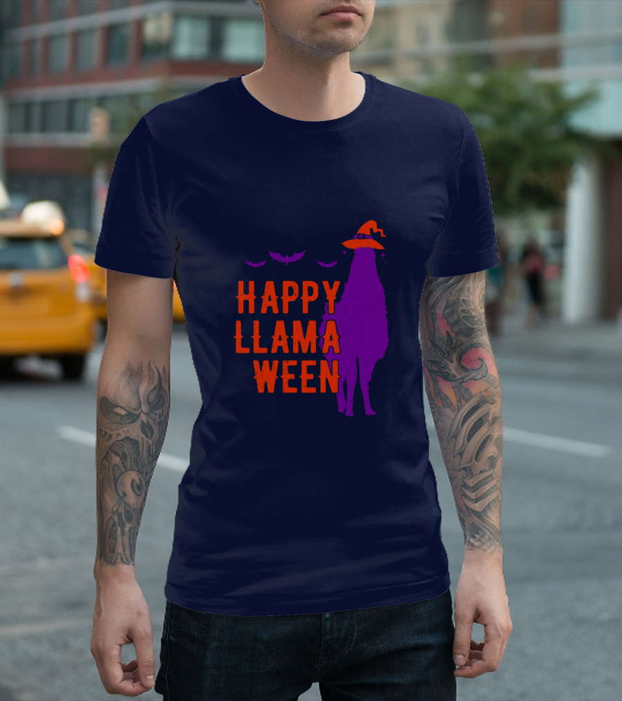 Happy Llamaween Llama Halloween Bat Witch Hat T-Shirt