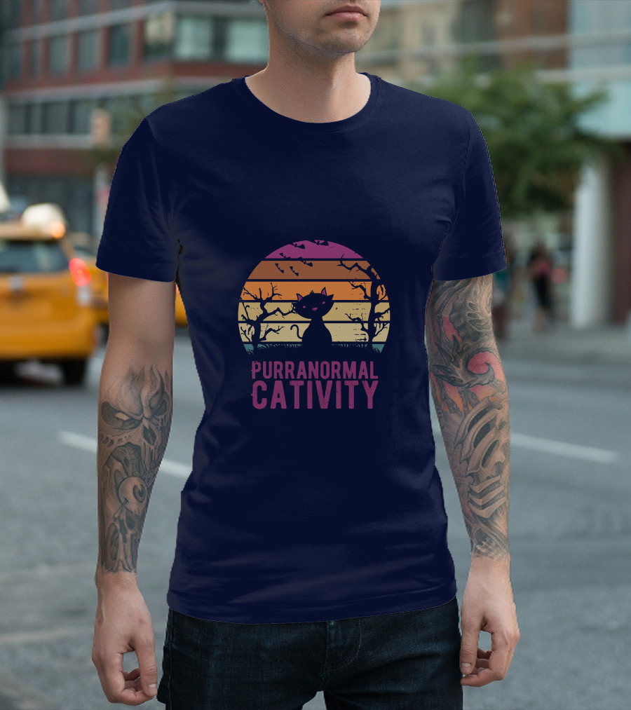 Purranormal Cativity Spooky Cat Silhouette with Bats and Trees T-Shirt