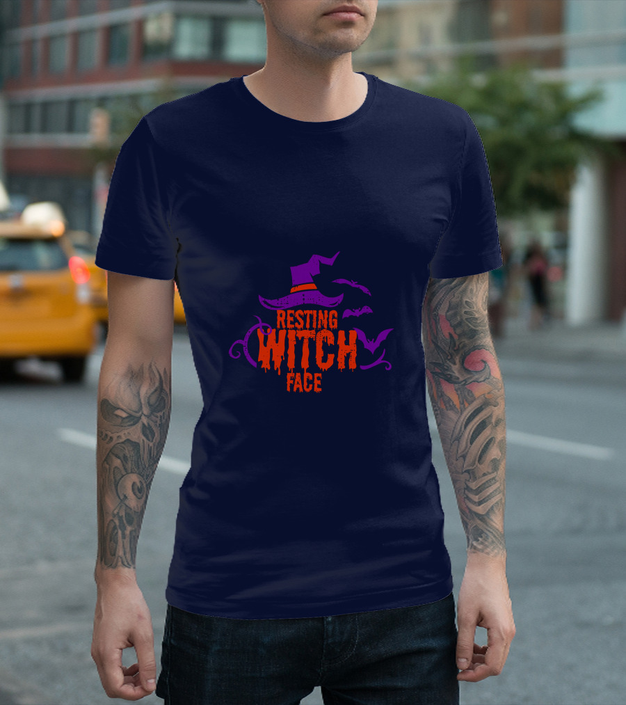 Resting Witch Face Witch Hat Bats Halloween T-Shirt