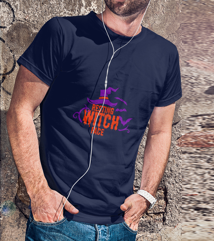 Resting Witch Face Witch Hat Bats Halloween T-Shirt