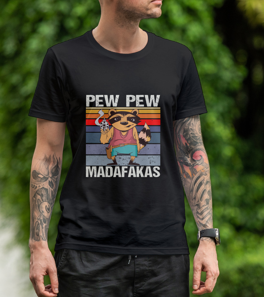 Pew Pew Madafakas Raccoon Retro Stripes Smoking Gun T-Shirt