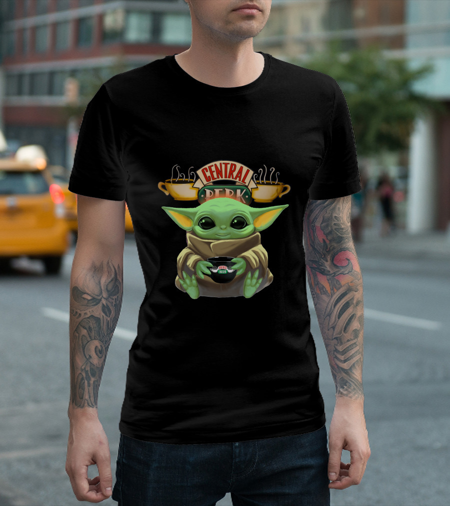 Baby Yoda Hugging Central Perk Coffee Cup Friends-Star Wars Crossover T-Shirt