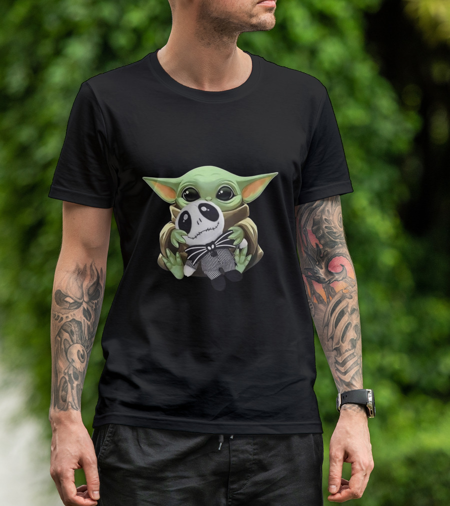 Baby Yoda Holding Jack Skellington Plush Crossover T-Shirt