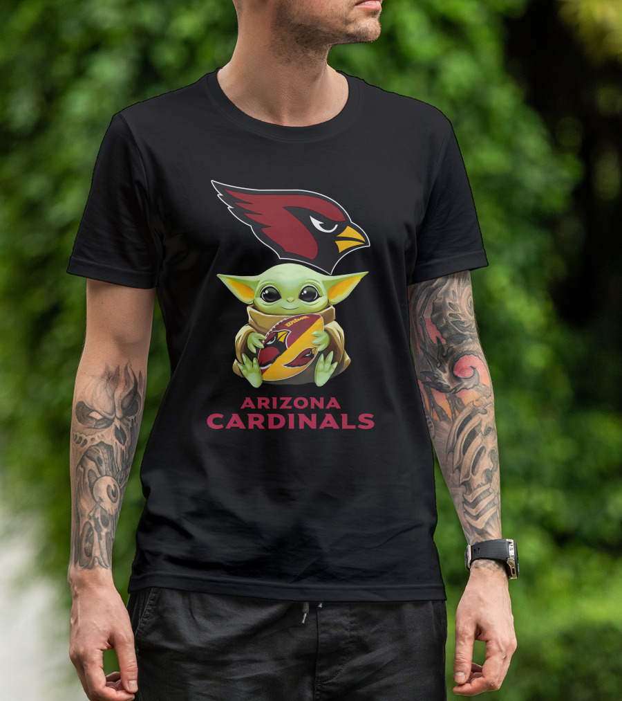 Baby Yoda Hugging Arizona Cardinals Logo Football With Team Emblem T-Shirt