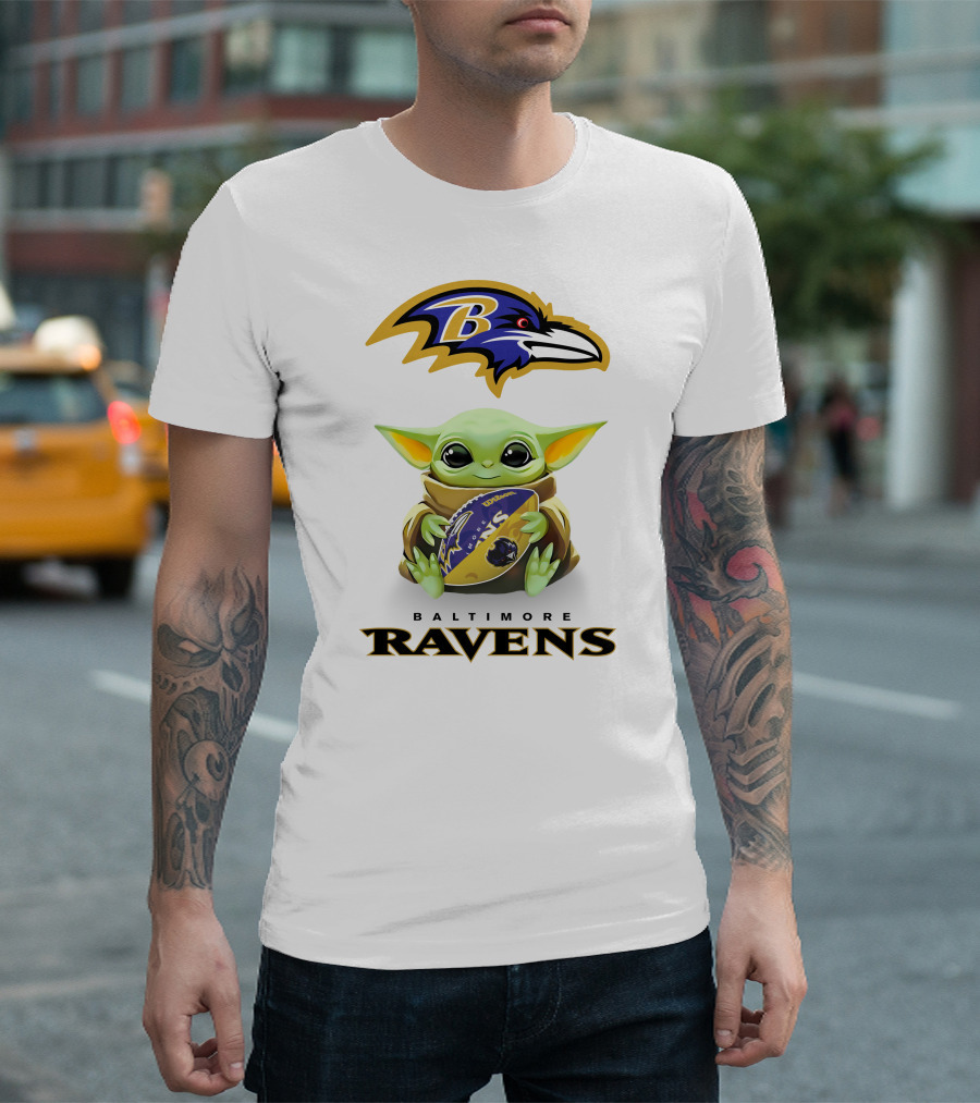 Baby Yoda Hug Baltimore Ravens Football Tailgate T-Shirt