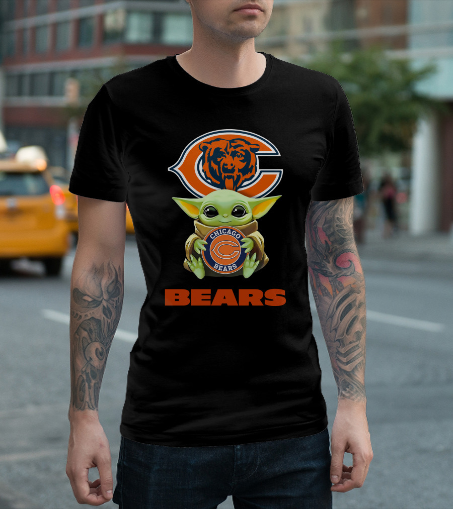 Baby Yoda Holding Chicago Bears Logo With C Bear Head And Text Bears T-Shirt