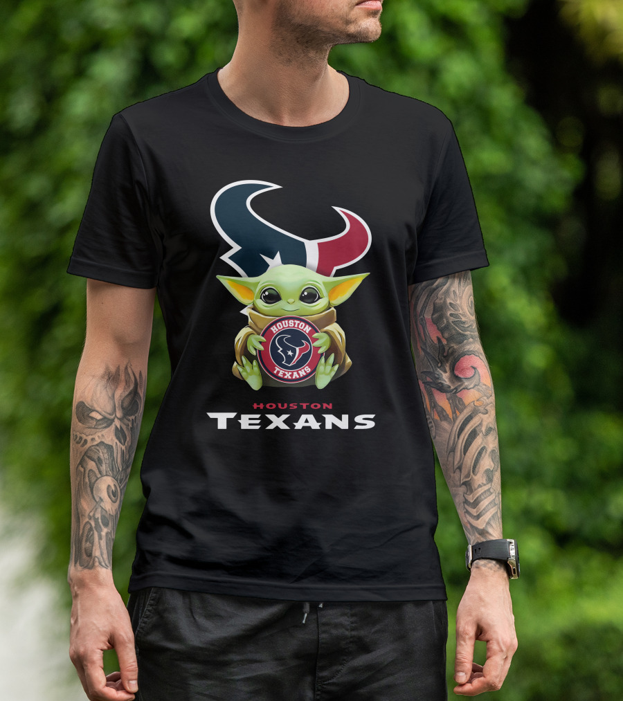 Baby Yoda Holding Houston Texans Logo Football Team Emblem T-Shirt
