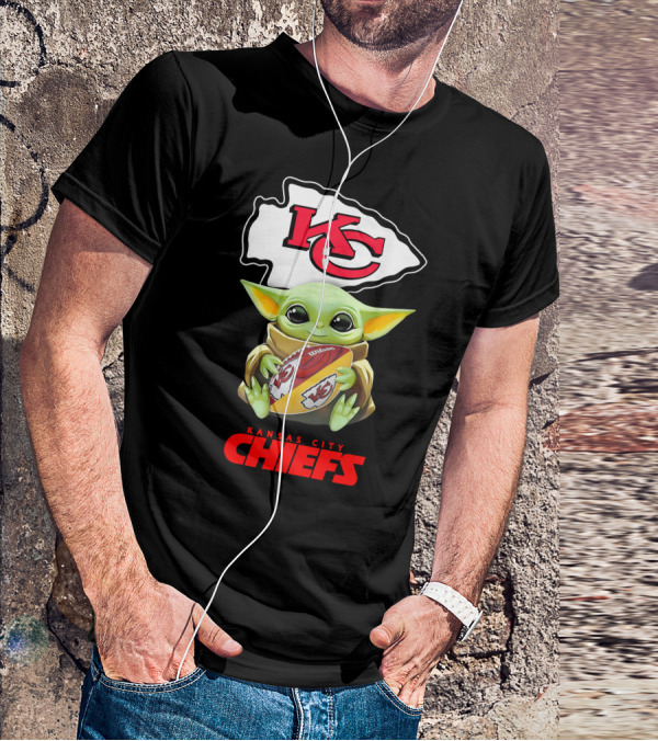 Baby Yoda Holding Kansas City Chiefs Football T-Shirt