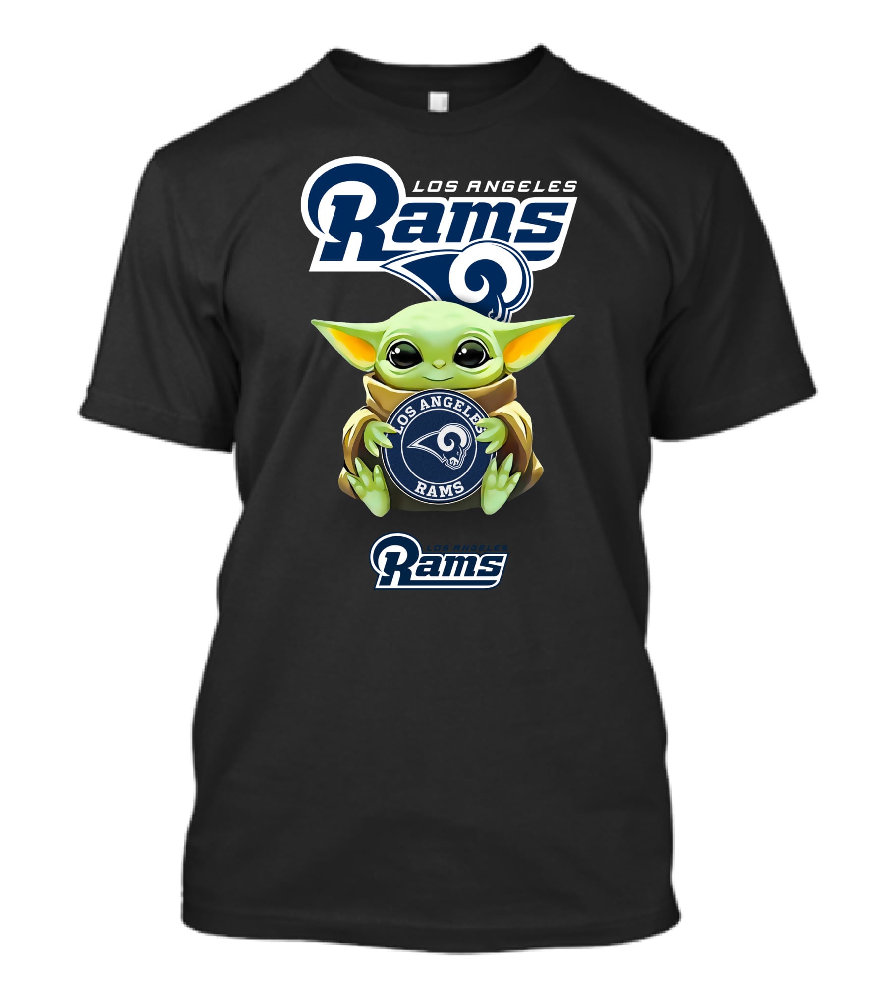 Baby Yoda Holding Los Angeles Rams Emblem With Official Team T-Shirt