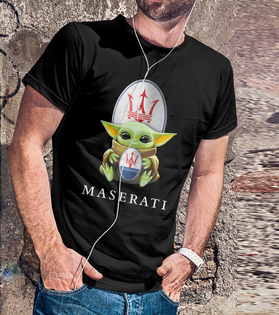 Baby Yoda Holding Maserati Emblem Trident T-Shirt