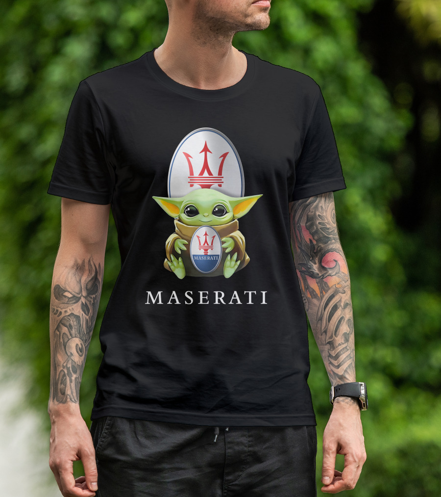 Baby Yoda Holding Maserati Emblem Trident T-Shirt