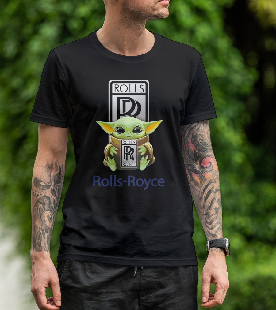 Baby Yoda Holding Rolls Royce Logo With Rolls-Royce Text T-Shirt