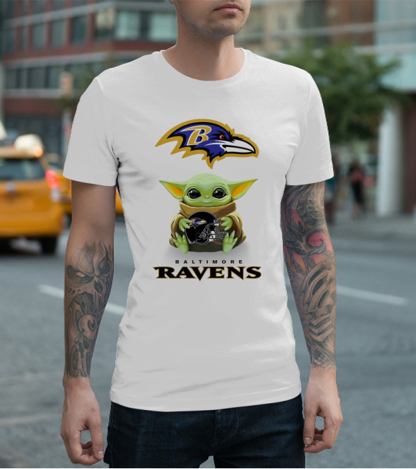 Baby Yoda Holding Baltimore Ravens Football Helmet Under Team T-Shirt