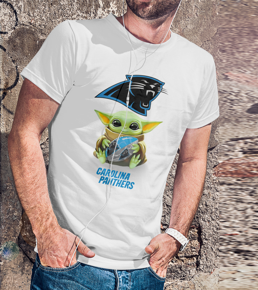 Baby Yoda Holding Carolina Panthers Football T-Shirt