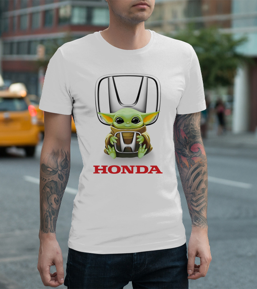 Baby Yoda Embrace With Honda Logo On White T-Shirt