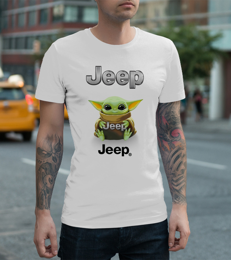 Baby Yoda Holding Jeep Logo With White T-Shirt