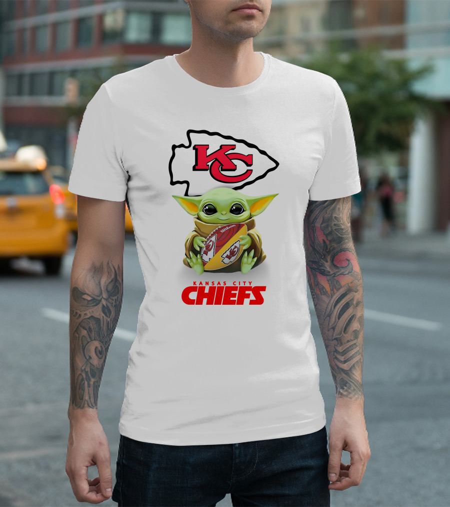 Baby Yoda Hugging Football Kansas City Chiefs Kc T-Shirt